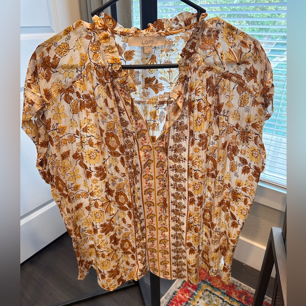 LOFT Yellow and Brown Floral Ruffle Split-Neck Blouse